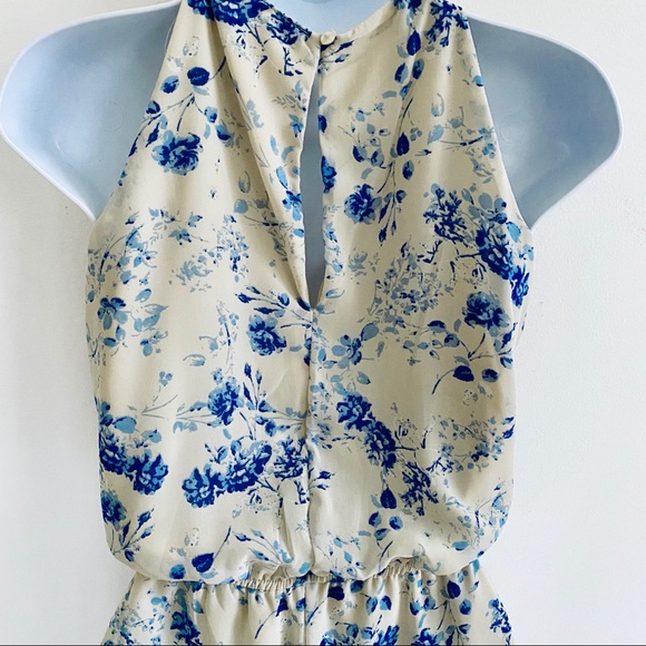 Japna Blue/Tan Floral Romper with Keyhole Neckline - Picture 7 of 8